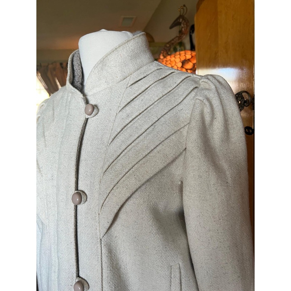 Vintage 70s Cream Wool Pleated Sunburst Jacket Puff Shoulder Quiet Luxury - Picture 10 of 16